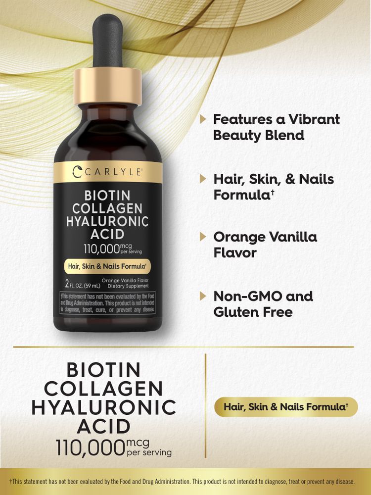 Biotin Collagen Hyaluronic Acid liquid contains 110,000 mcg per serving in a 2 FL. OZ. (59 mL) bottle.
