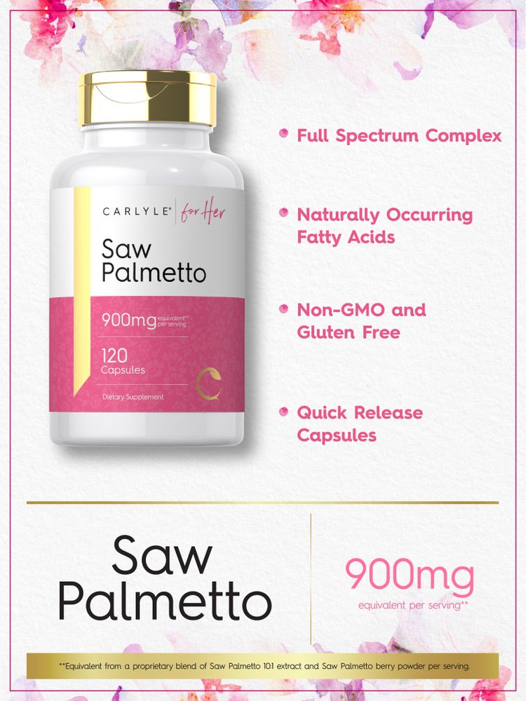 Hand holding Carlyle for Her Saw Palmetto 900mg capsules, 120 count.