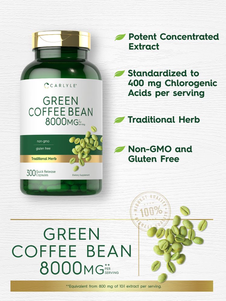 Green Coffee Bean 8000 mg, 300 Quick Release Capsules, shown with loose green coffee beans on a hand scale.