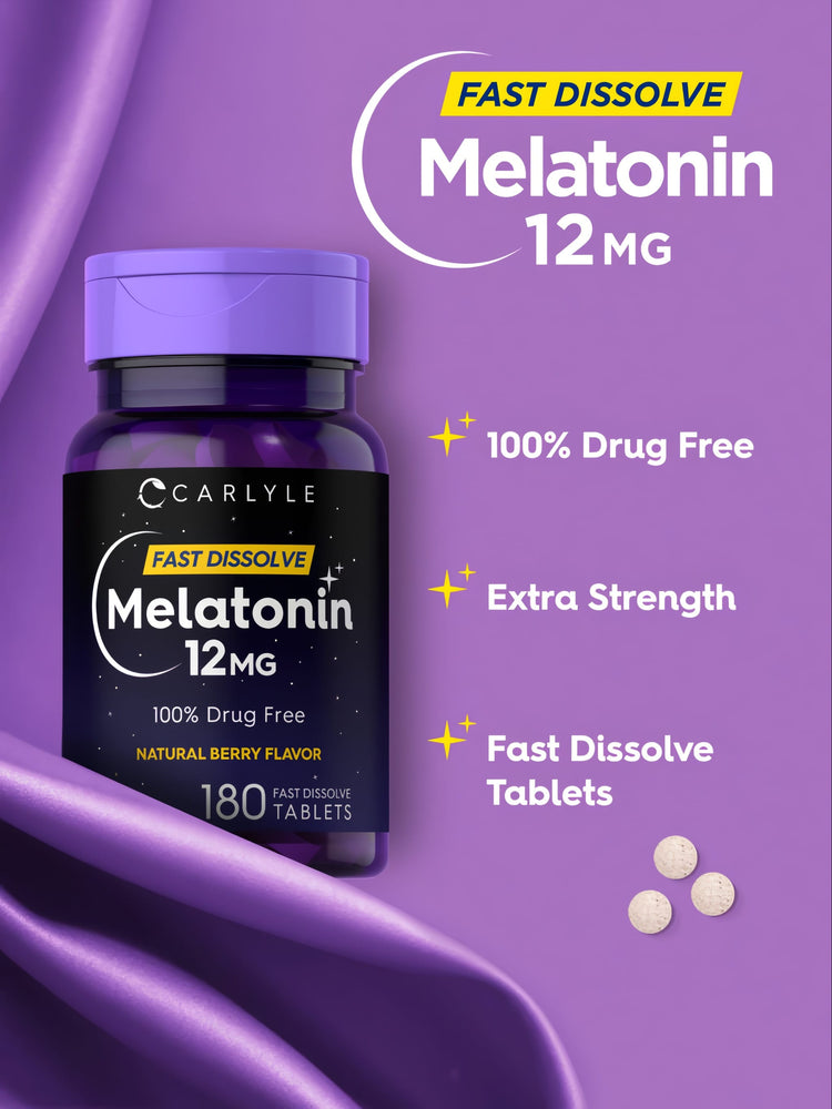 Three round, light-colored Melatonin 12 MG tablets for fast dissolve displayed on a hand scale.