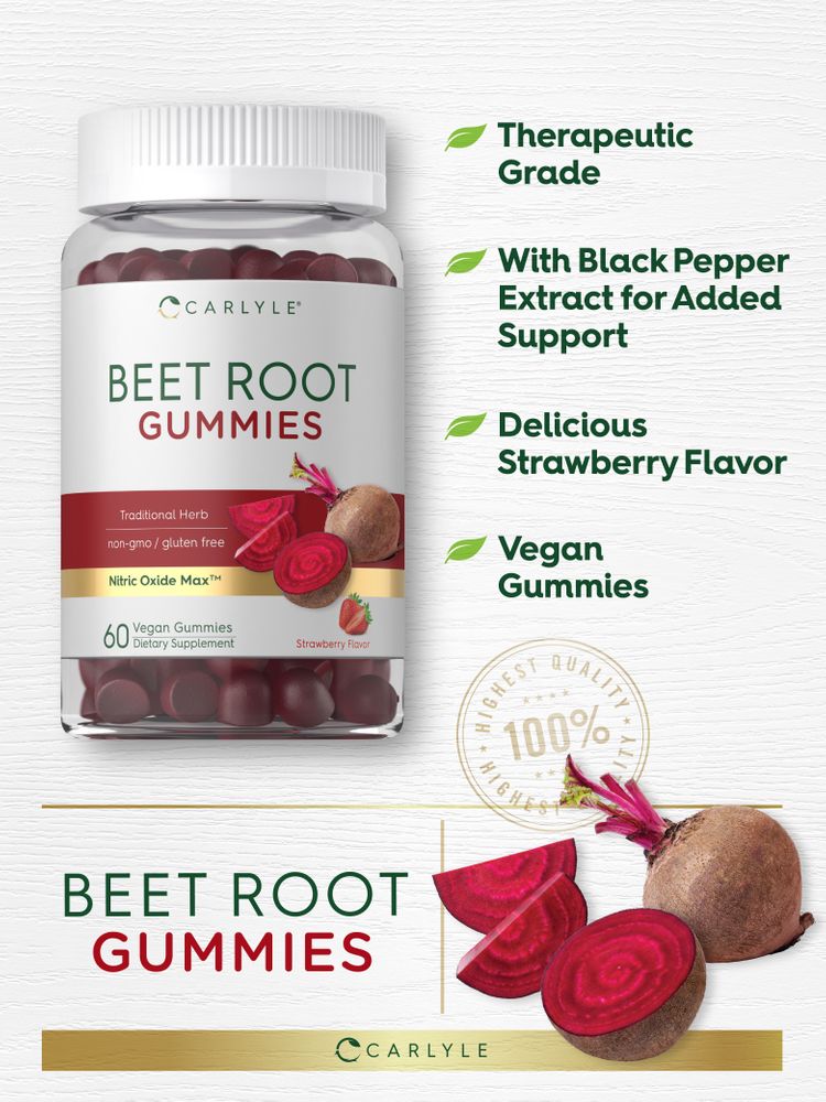 A bottle of Carlyle Beet Root 60 Vegan Gummies with sliced and whole fresh beetroot on display.