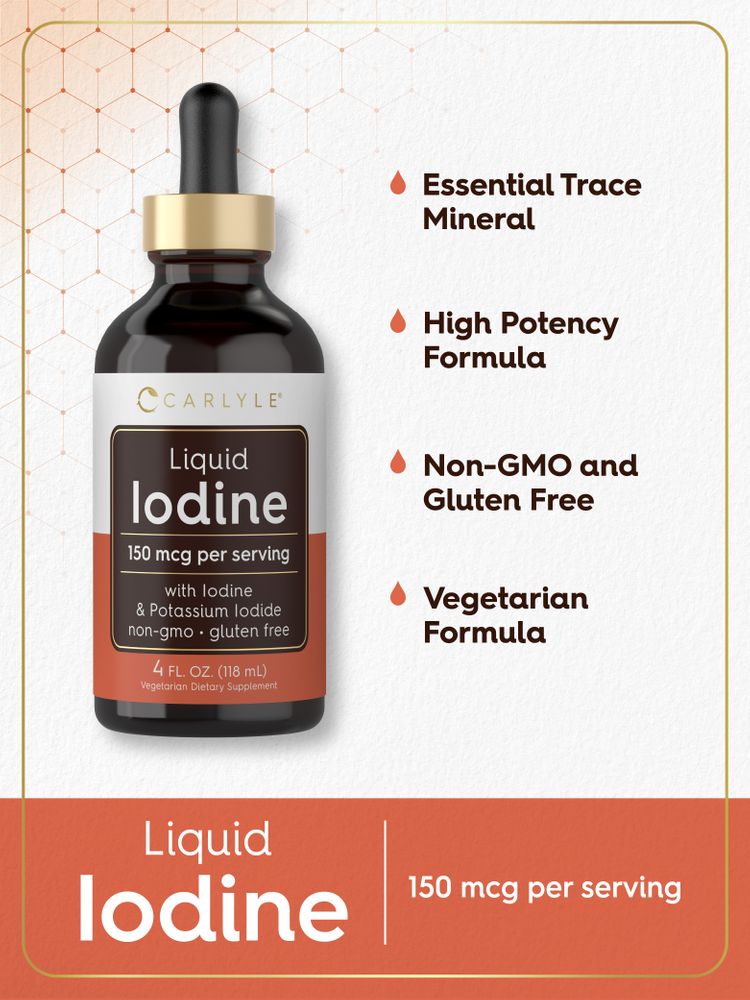 Carlyle Liquid Iodine 4 FL. OZ. (118 mL) dropper bottle, 150 mcg per serving, with iodine & potassium iodide, non-GMO, gluten free.