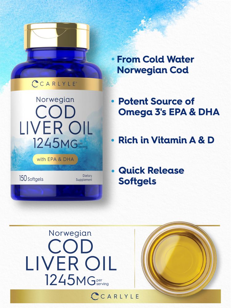 Hand holding bulk scale of Carlyle Cod Liver Oil softgels, 1245MG per serving, emphasizing quantity and dosage details.