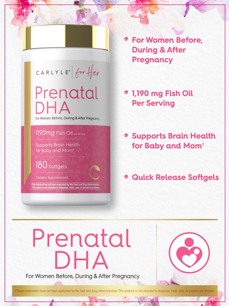 Prenatal DHA 1190 mg Fish Oil per serving, 180 softgels, designed for women before, during, and after pregnancy.