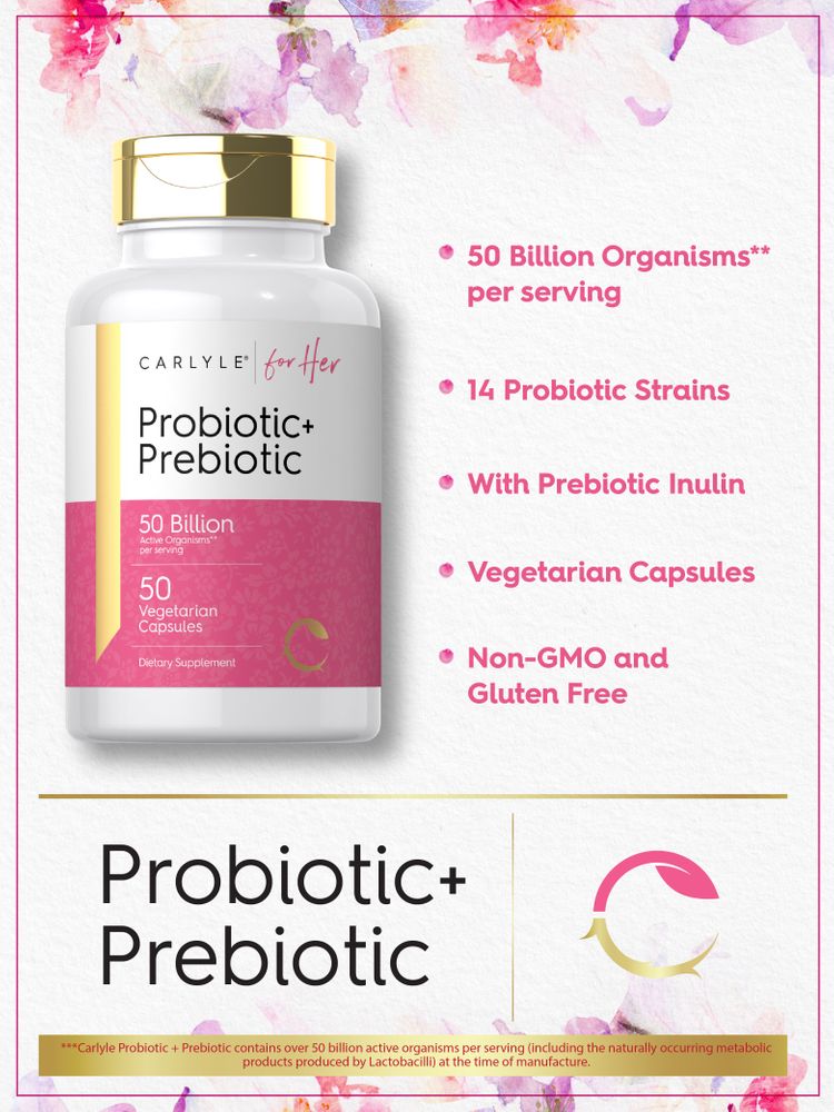 Carlyle for Her Prebiotic & Probiotic comes in a bottle of 50 vegetarian capsules. The image shows a hand holding the bottle.