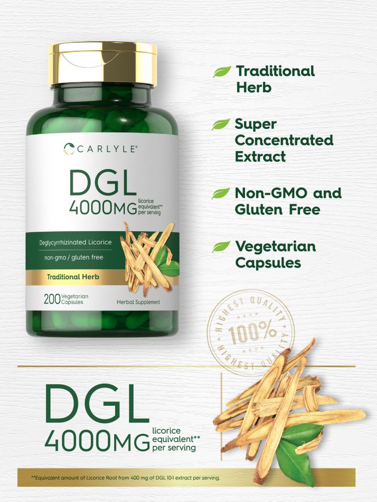 DGL 4000MG licorice equivalent per serving in a bottle containing 200 vegetarian capsules.