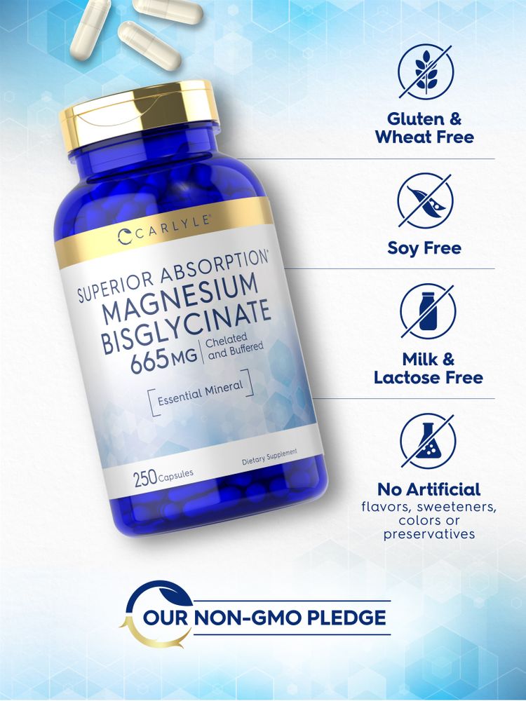 Hand holding bulk white Magnesium Bisglycinate 665 mg capsules in scale view.