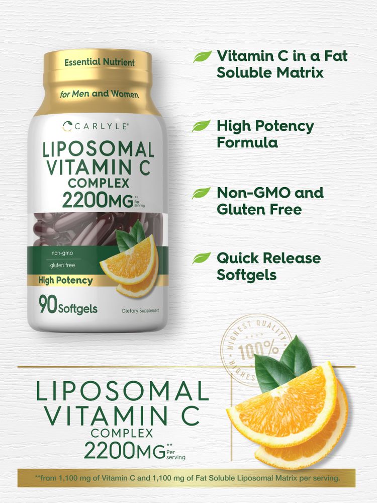 Carlyle Liposomal Vitamin C 2200mg softgels in a 90-count bottle shown on hand scale for size reference.