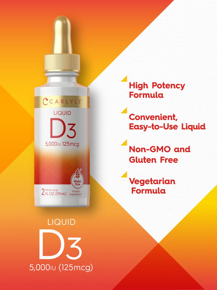 Carlyle Liquid D3 5,000 IU (125mcg) in a 2 fl. oz. (59mL) bottle.