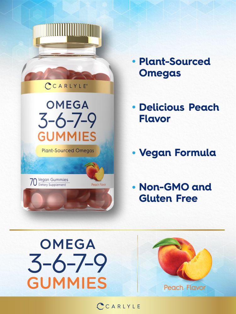 A clear bottle containing 70 peach flavored vegan Omega 3-6-7-9 gummies.