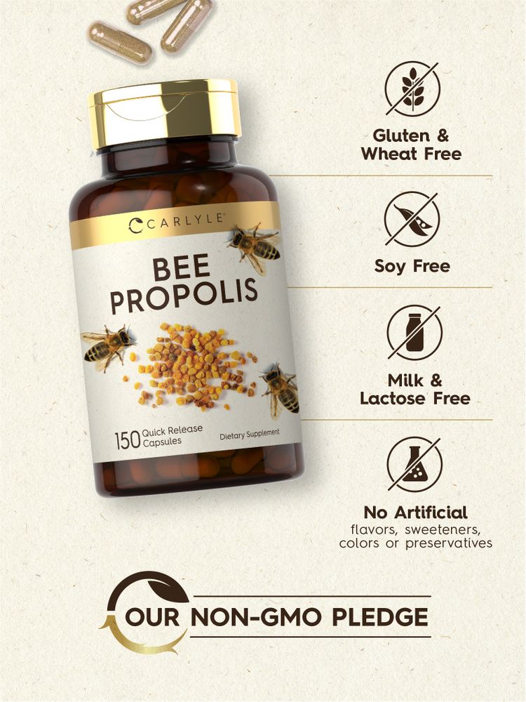 A bottle of Bee Propolis Quick Release capsules containing 150 capsules is displayed on a scale.
