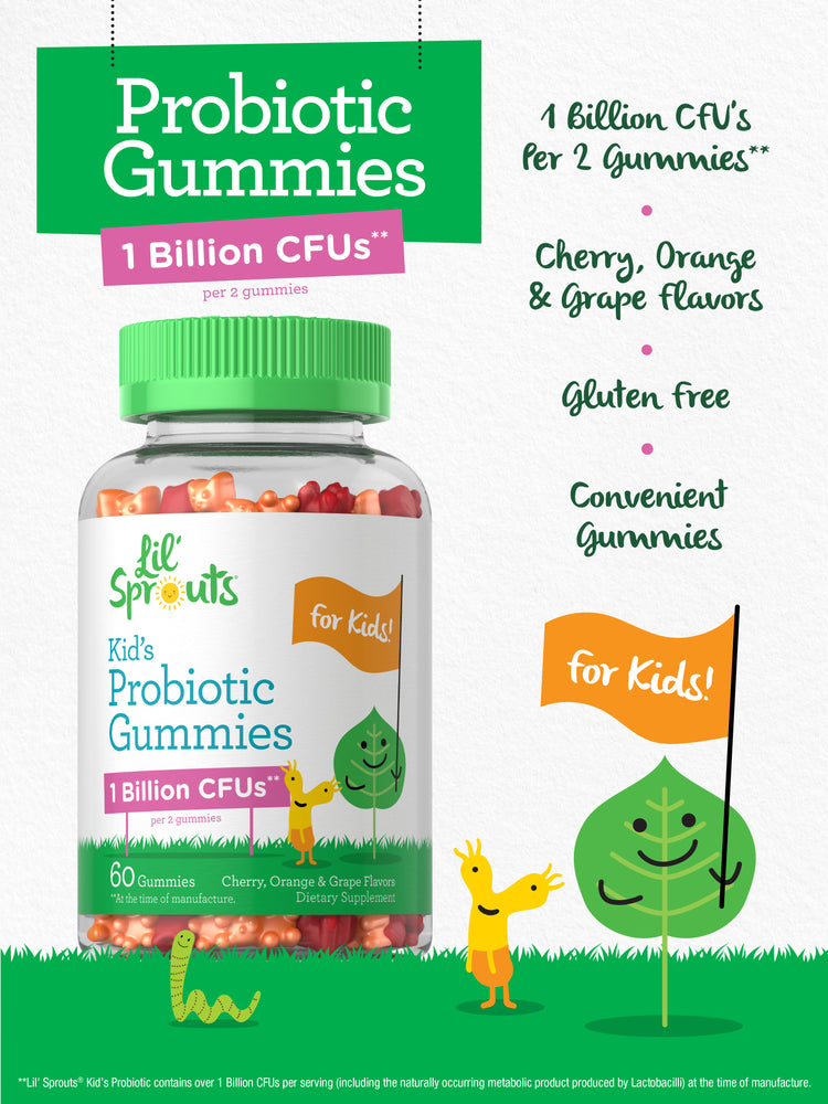 Product highlights graphic stating 1 Billion CFU's Per 2 Gummies**, Cherry, Orange & Grape flavors, Gluten free, Convenient Gummies.