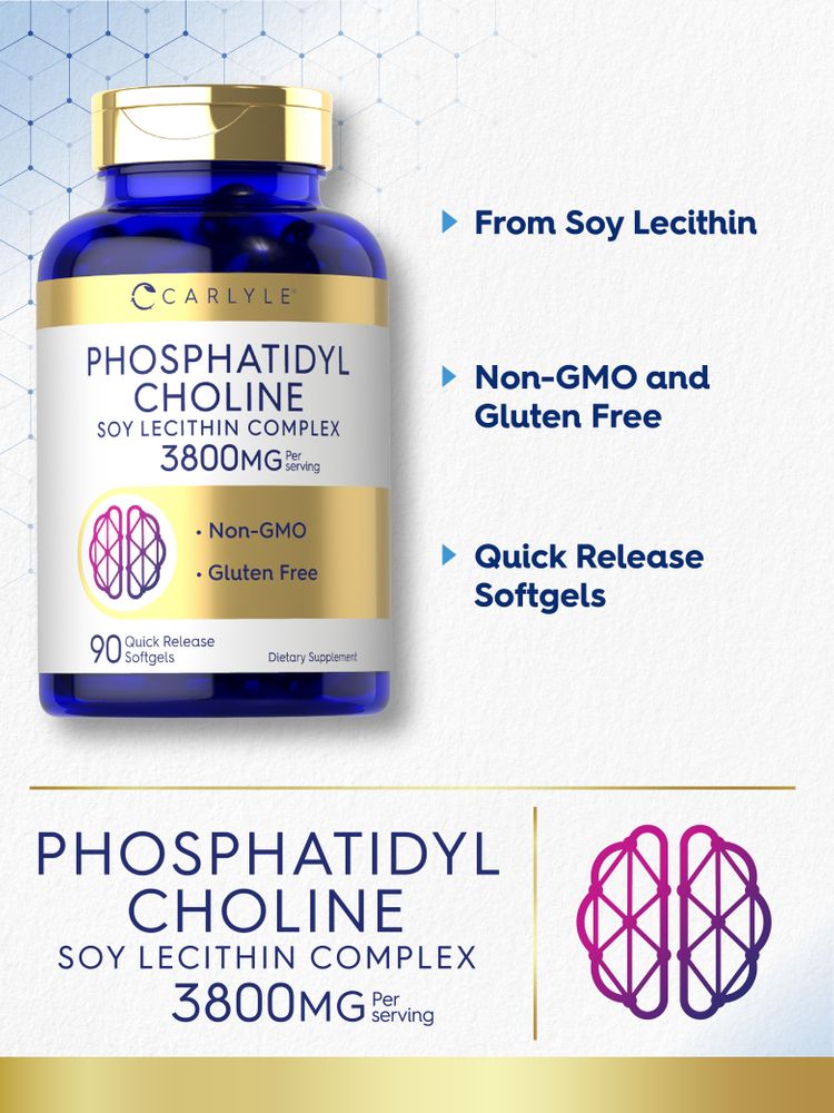Bottle of Phosphatidyl Choline Soy Lecithin Complex, 3800mg per serving, 90 quick-release softgels shown for scale.