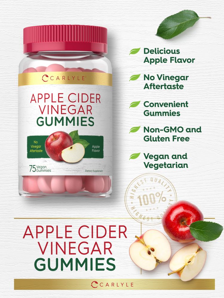 A clear jar containing 75 vegan gummies of Apple Cider Vinegar, 600 mg each.