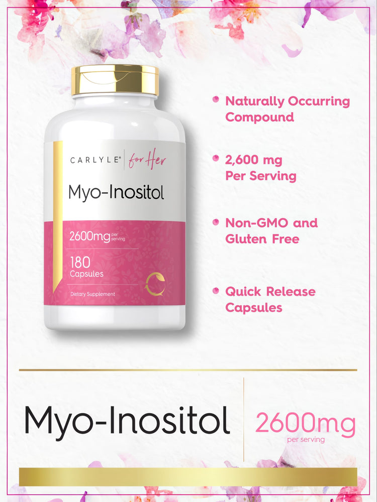 Hand holding Carlyle Myo-Inositol capsules bottle, 2600 mg per serving, 180 count.