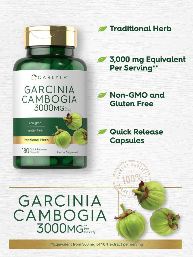 Carlyle Garcinia Cambogia 3000mg 180 Quick Release Capsules with green Garcinia Cambogia fruits, hand scale.