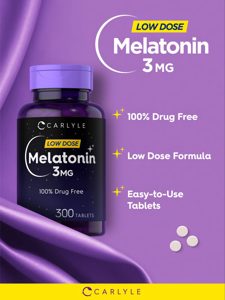 Three white round tablets, each containing 3 MG of Melatonin, displayed on a hand scale for measurement.