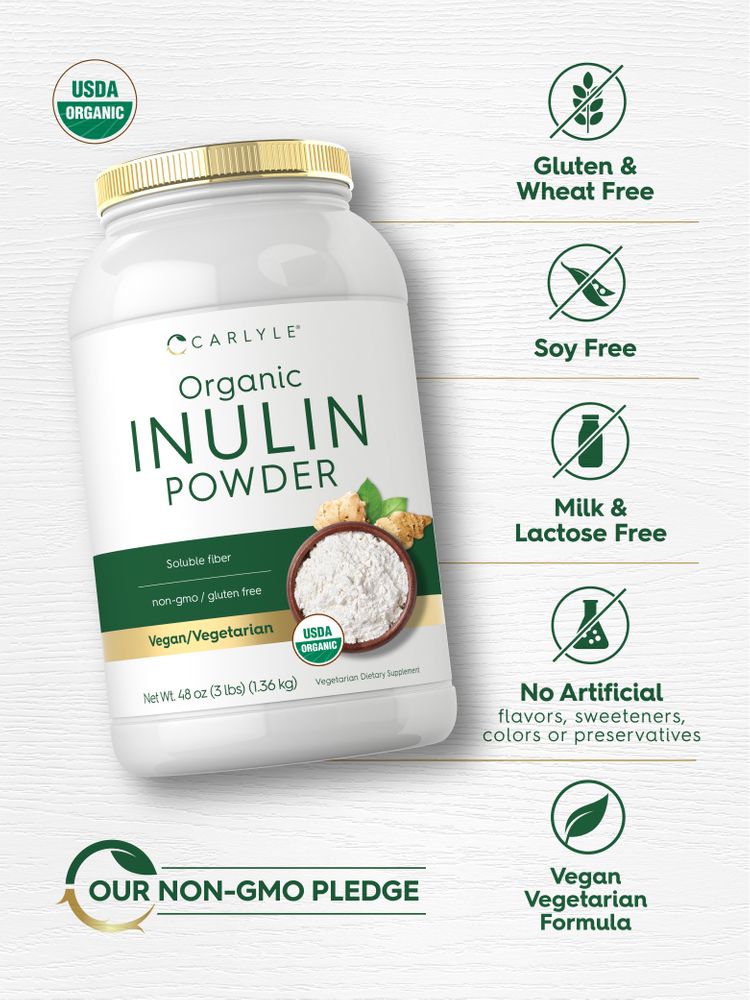 Jar of Organic Inulin Powder 48 oz (3 lbs) (1.36 kg): USDA Organic, Gluten, Wheat, Soy Free, and Non-GMO certified.