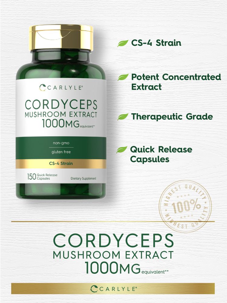 Carlyle Cordyceps Mushroom Extract 1000MG equivalent capsules, 150 count, shown in hand for scale.