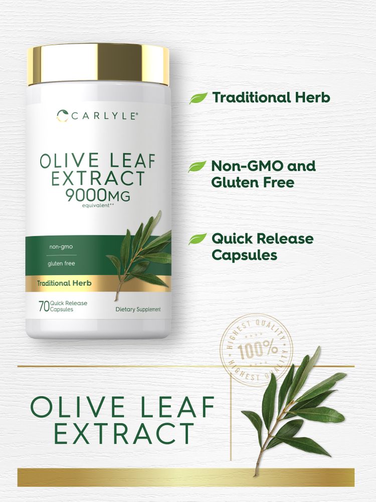 Carlyle Olive Leaf Extract 9000mg equivalent, 70 quick release capsules, shown next to a hand for scale.