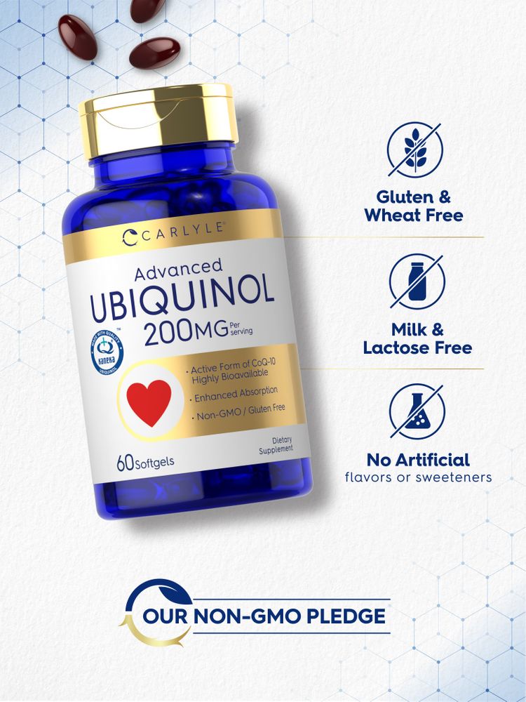 Ubiquinol 200 mg softgels next to a bottle labeled 60 softgels, highlighting product size and packaging on hand scale.
