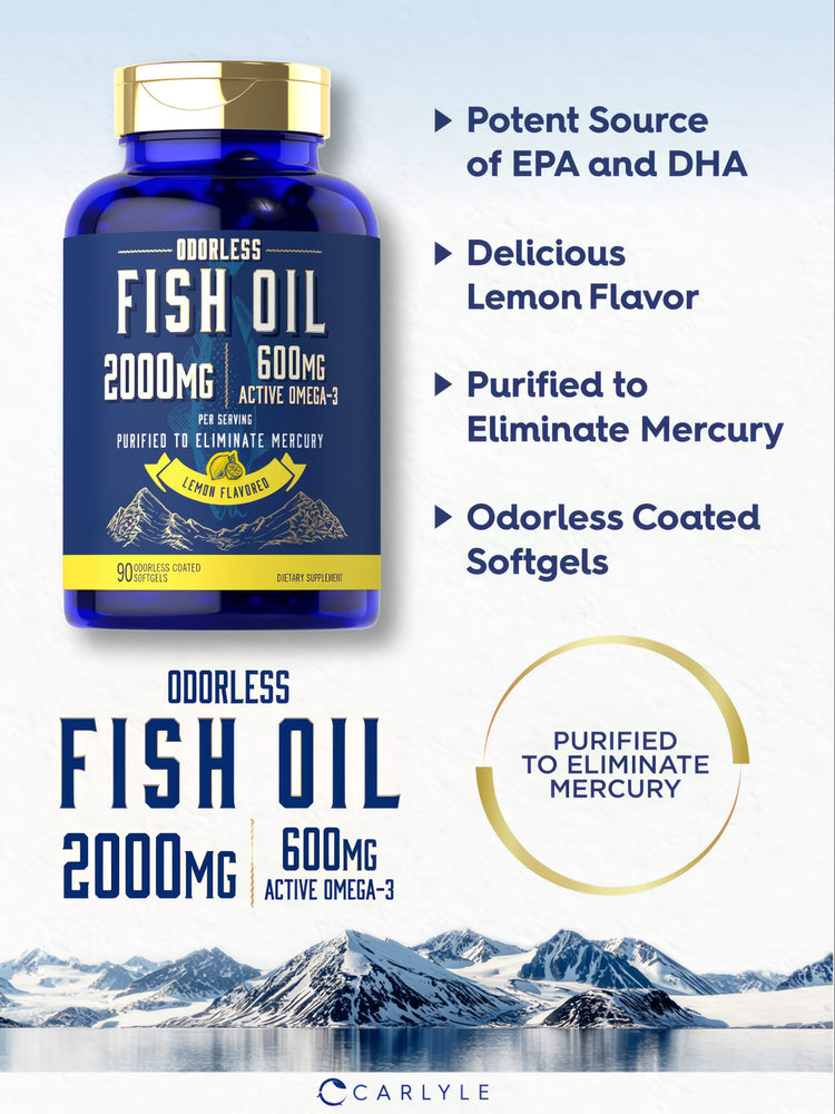 Carlyle Odorless Fish Oil 2000mg contains 600mg active Omega-3 in 90 softgels, visible on a hand scale.