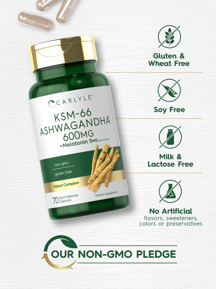 KSM-66 Ashwagandha 600mg and Melatonin 5mg capsules in a bottle, with ashwagandha roots displayed.