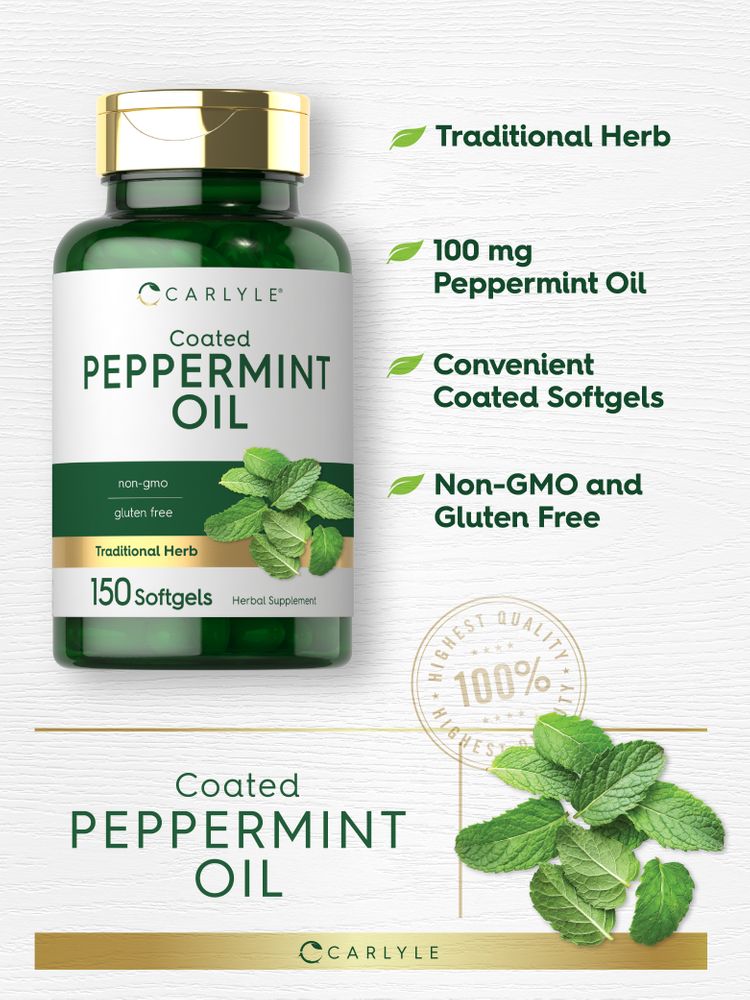 Carlyle Coated Peppermint Oil bottle with 150 softgels shown on a hand for size comparison.