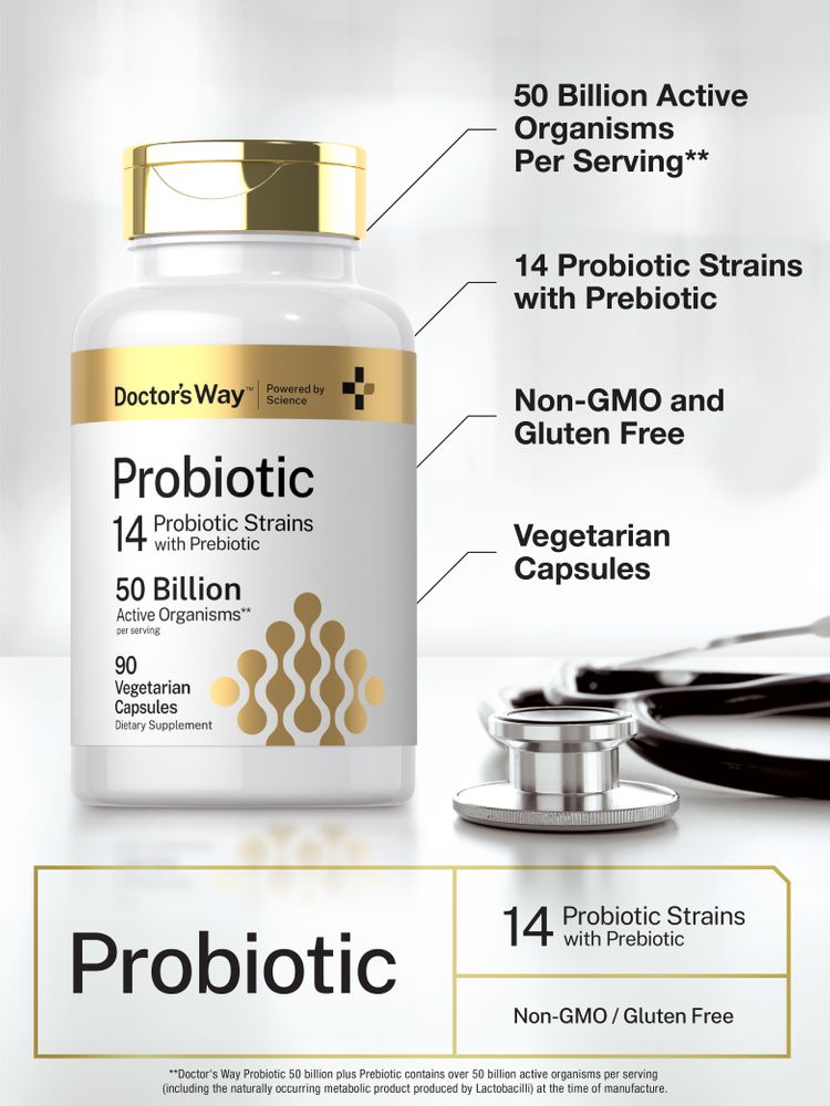 Product highlights graphic stating 50 Billion Active Organisms Per Serving**, 14 Probiotic Strains with Prebiotic, Non-GMO and Gluten Free, Vegetarian Capsules.