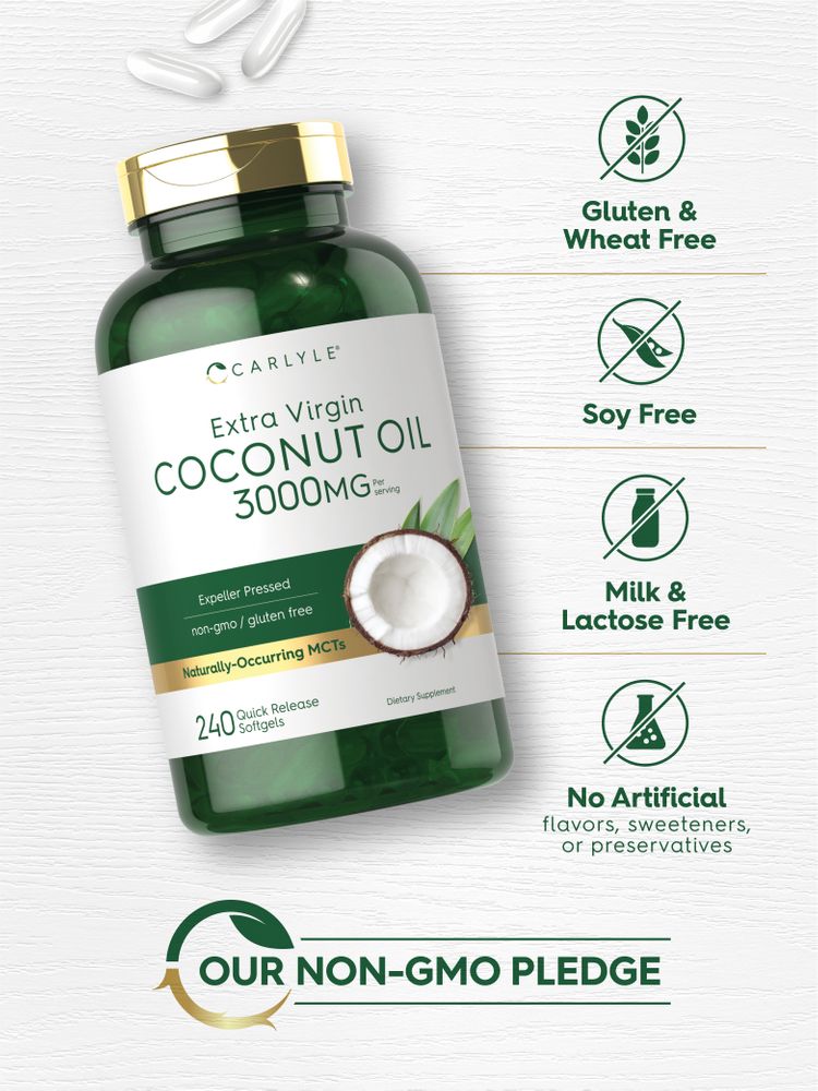 Hand holding Carlyle Extra Virgin Coconut Oil 3000MG Quick Release Softgels.