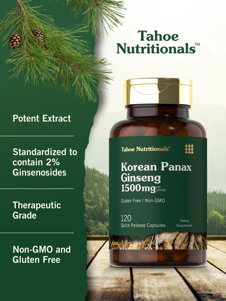 A hand holds Korean Panax Ginseng 1500mg, 120 quick-release capsules, on a scale.
