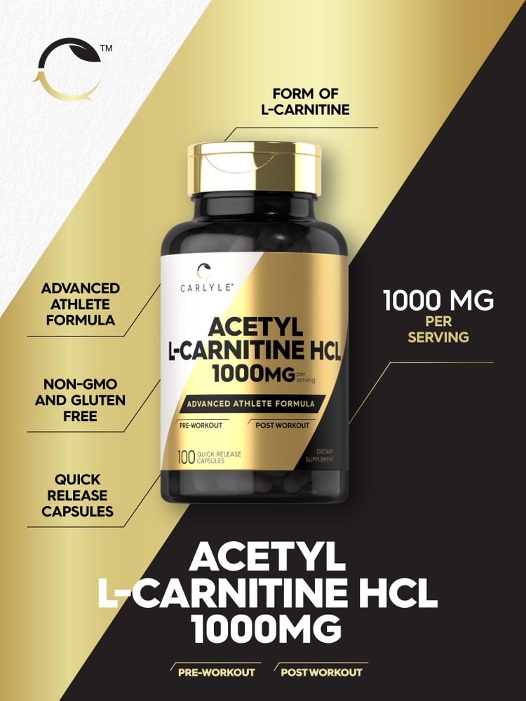 Carlyle Acetyl L-Carnitine HCl 1000mg per serving, featuring 100 quick-release capsules in a transparent container.