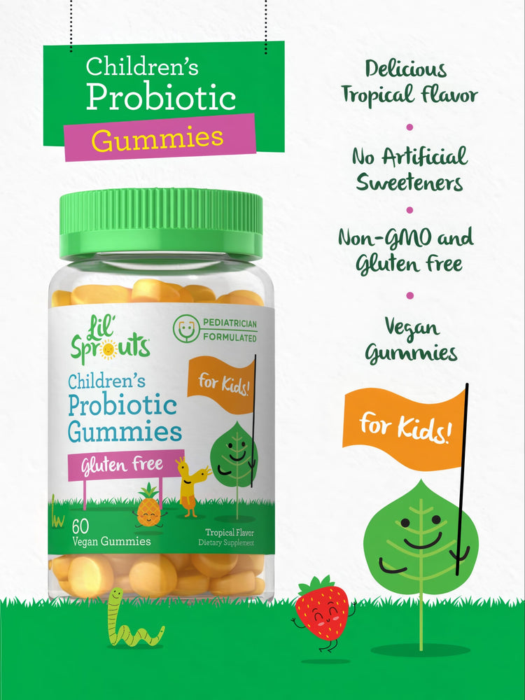 Hand holding Lil' Sprouts Children's Probiotic Gummies, 60 vegan tropical-flavored gummies in bulk-scale jar.