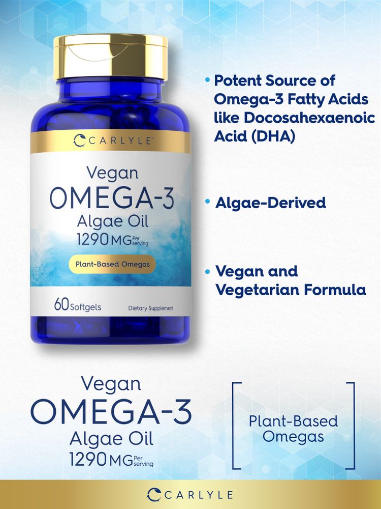 Vegan Omega-3 Algae Oil bottle containing 1290 MG per serving with 60 softgels depicted on a hand scale.