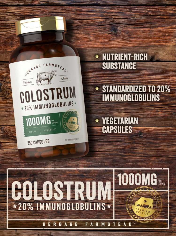 A clear bottle contains 250 brown Colostrum capsules, each providing 1000mg per serving.
