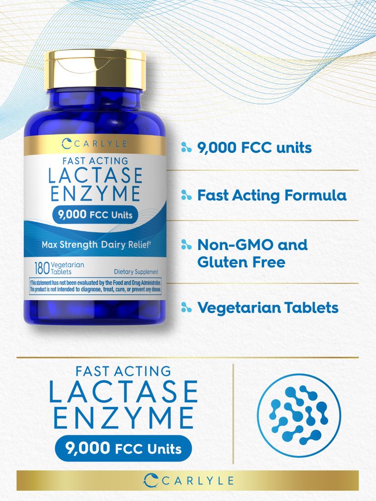 Carlyle Fast Acting Lactase Enzyme, 180 Vegetarian Tablets with 9,000 FCC Units, displayed on a hand scale.