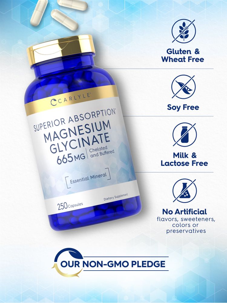 White capsules alongside a bottle of Carlyle Magnesium Glycinate, 665 mg, containing 250 capsules.