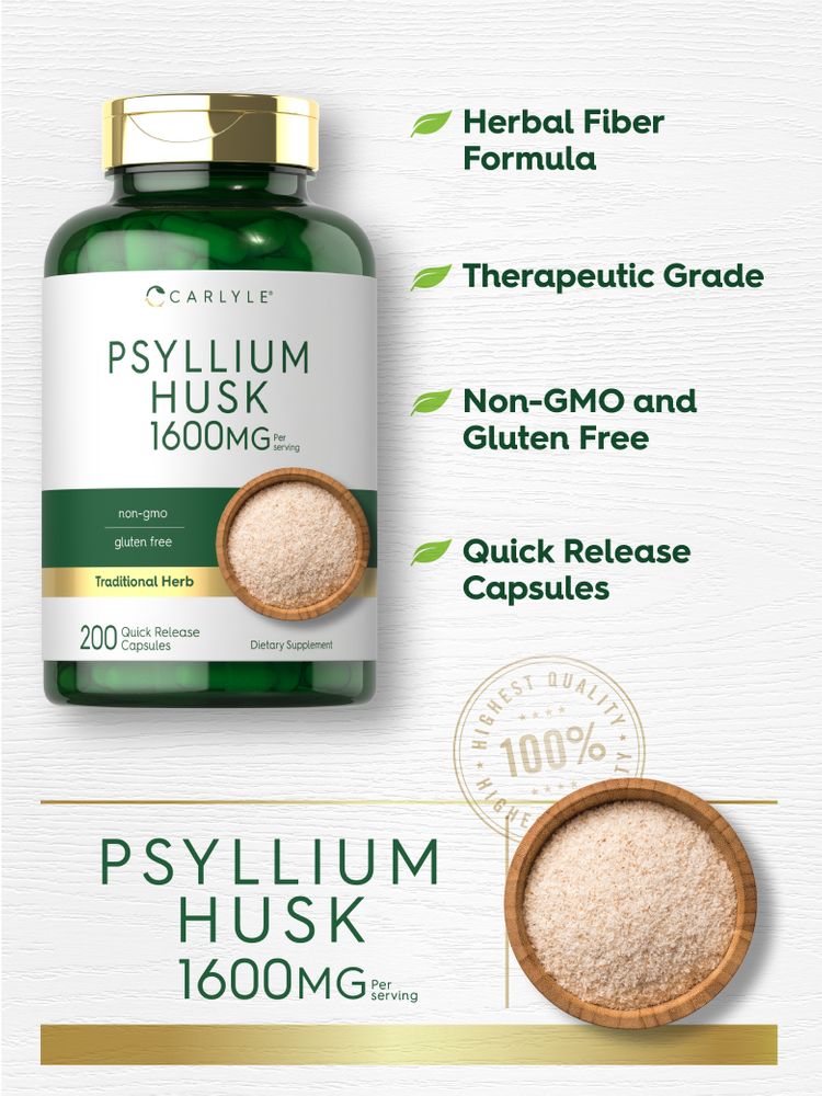 A small wooden bowl filled with Psyllium Husk powder, 1600MG per serving, displayed for measurement purposes.
