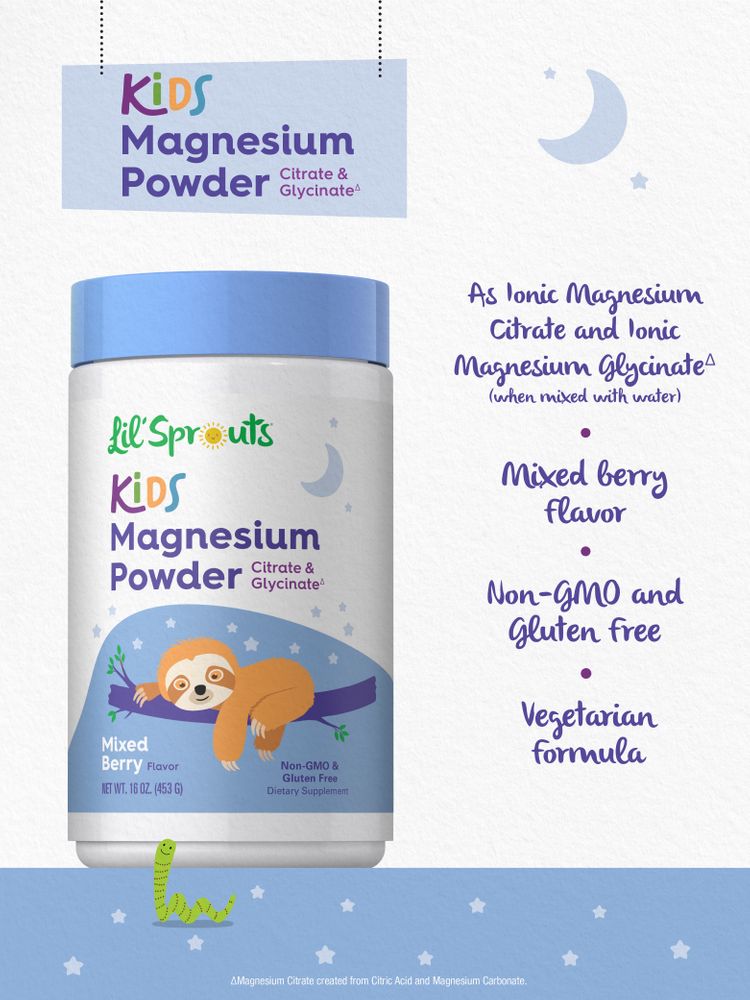 Lil' Sprouts Kids Magnesium Powder, citrate & glycinate, mixed berry flavor, net weight 16 oz (453 g).