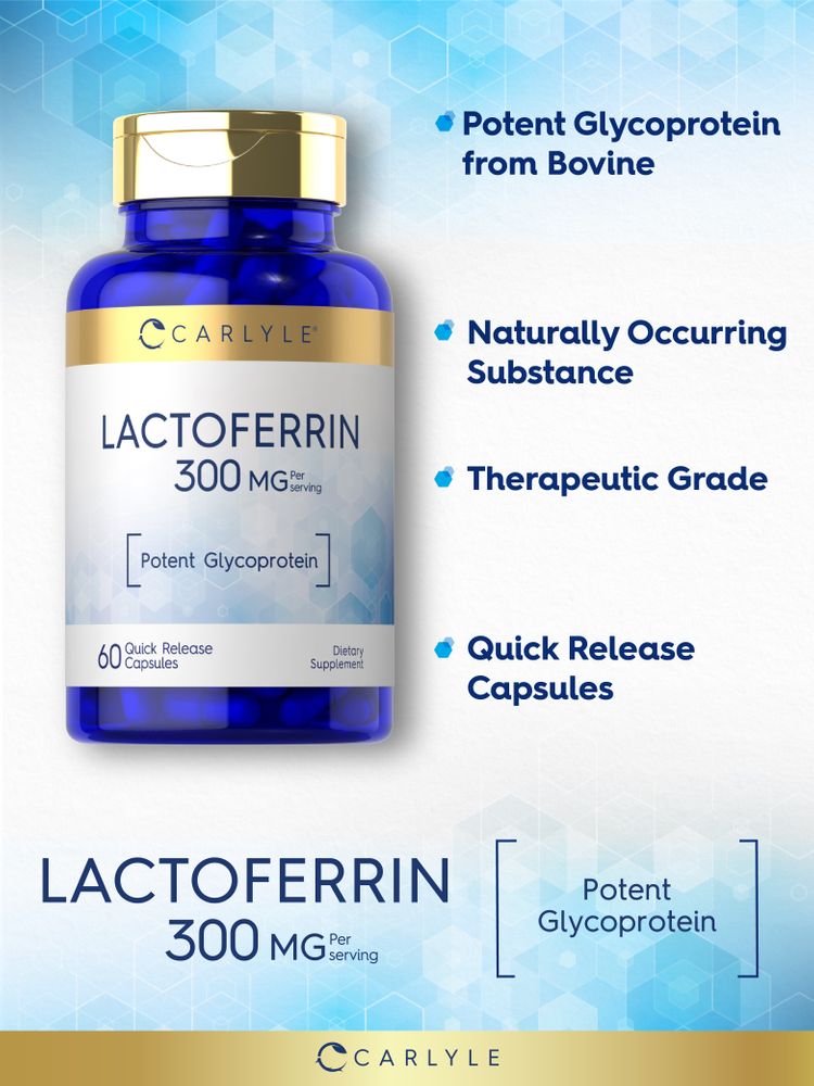 Product highlights graphic stating Potent Glycoprotein from Bovine, Naturally Occurring Substance, Therapeutic Grade, Quick Release Capsules