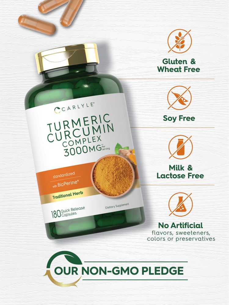 A bottle of Brown Quick Release Turmeric Curcumin Complex 3000 MG capsules and some capsules displayed beside it.