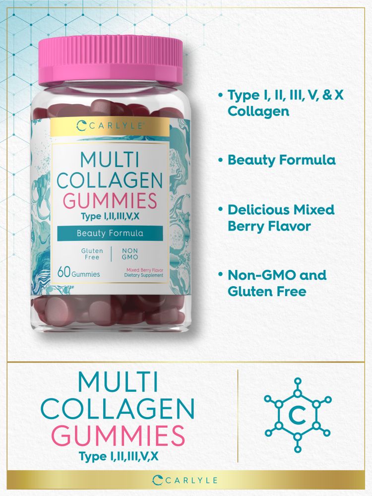 Carlyle Multi Collagen 60 Gummies, reddish-purple, in a clear jar with a pink ridged cap. Image shows product's size.
