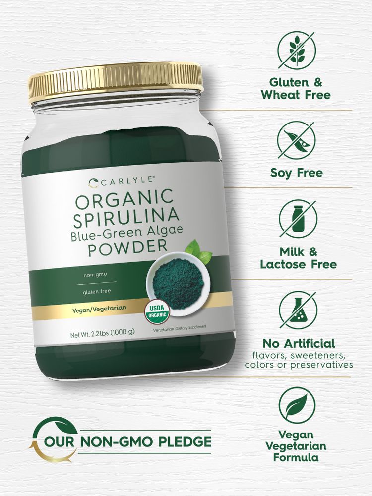 Spirulina Powder jar: Gluten & Wheat Free, Soy Free, Milk & Lactose Free, No Artificial Flavors/Sweeteners/Colors/Preservatives, Vegan Vegetarian Formula