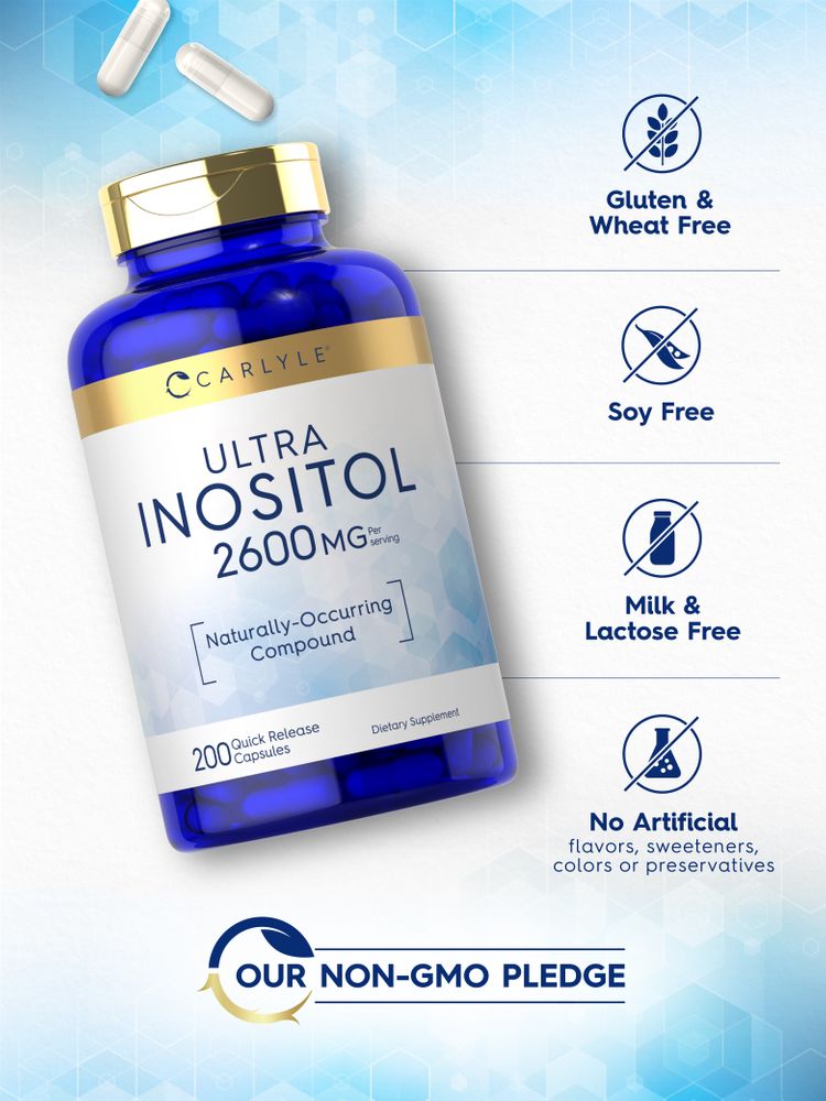 Two Inositol 2600 mg capsules for quick release are shown on a white background displayed on a hand scale.
