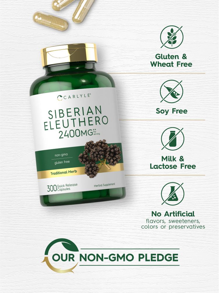 A hand holding a bottle of Siberian Eleuthero 2400mg Quick Release Capsules.