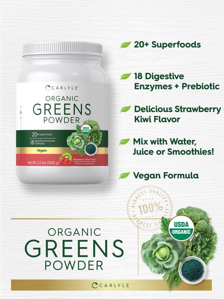 A hand holding Carlyle Organic Greens Powder in Strawberry Kiwi flavor, weighing 2.2 lbs (1000 g).
