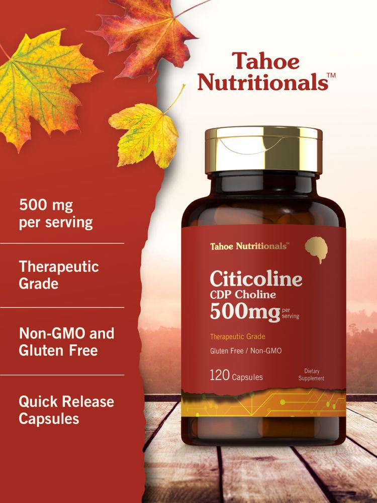 Image of Citicoline CDP Choline 500mg, 120 capsules, held by a hand.
