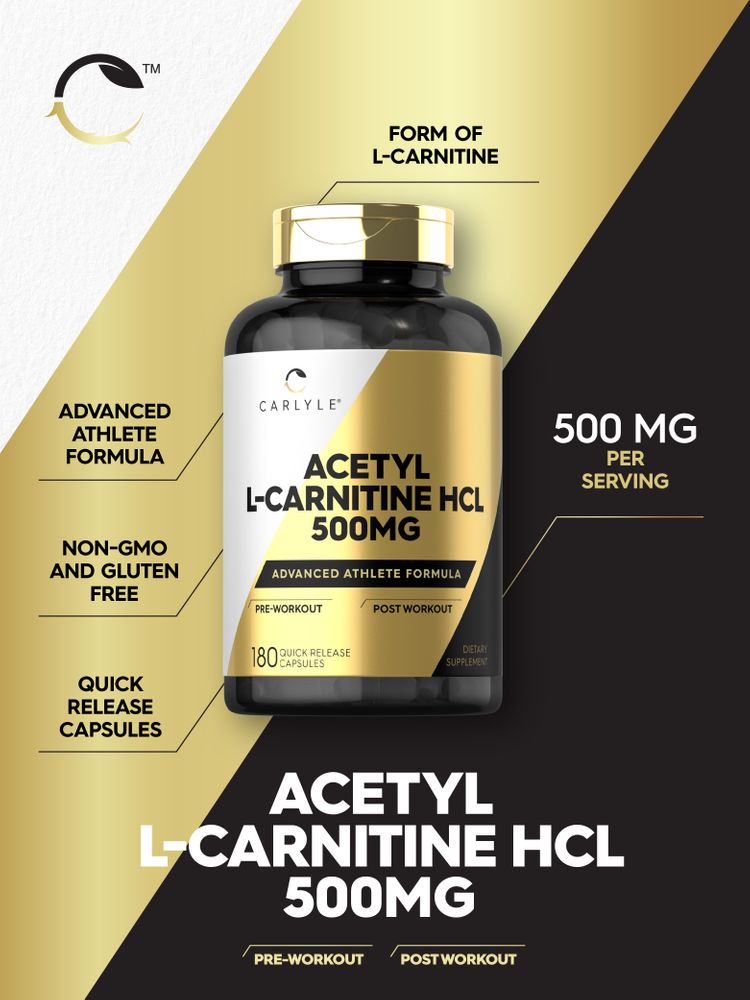 Acetyl L-Carnitine HCL 500 mg Quick Release Capsules shown on a hand scale.