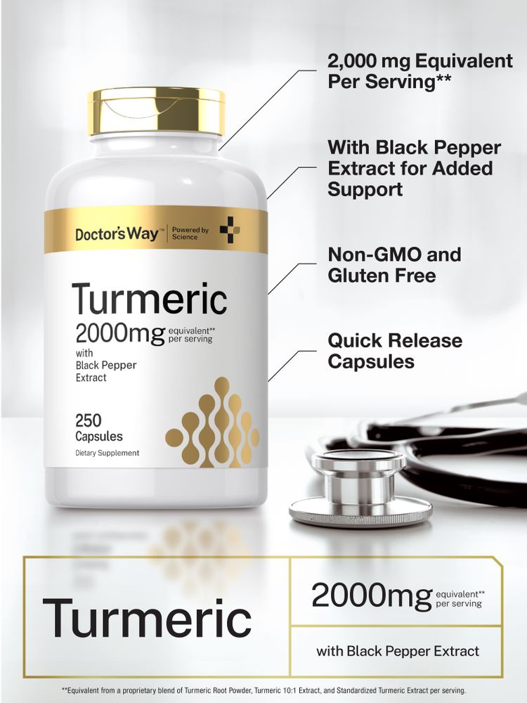 Turmeric capsules with Black Pepper Extract, 2000mg equivalent, 250 count, Non-GMO, Gluten Free, Quick Release.
