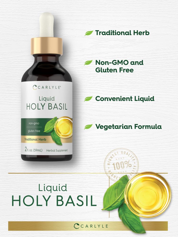 Product highlights graphic stating Traditional Herb, Non-GMO, Gluten Free, Convenient Liquid, Vegetarian Formula, 100% Quality.